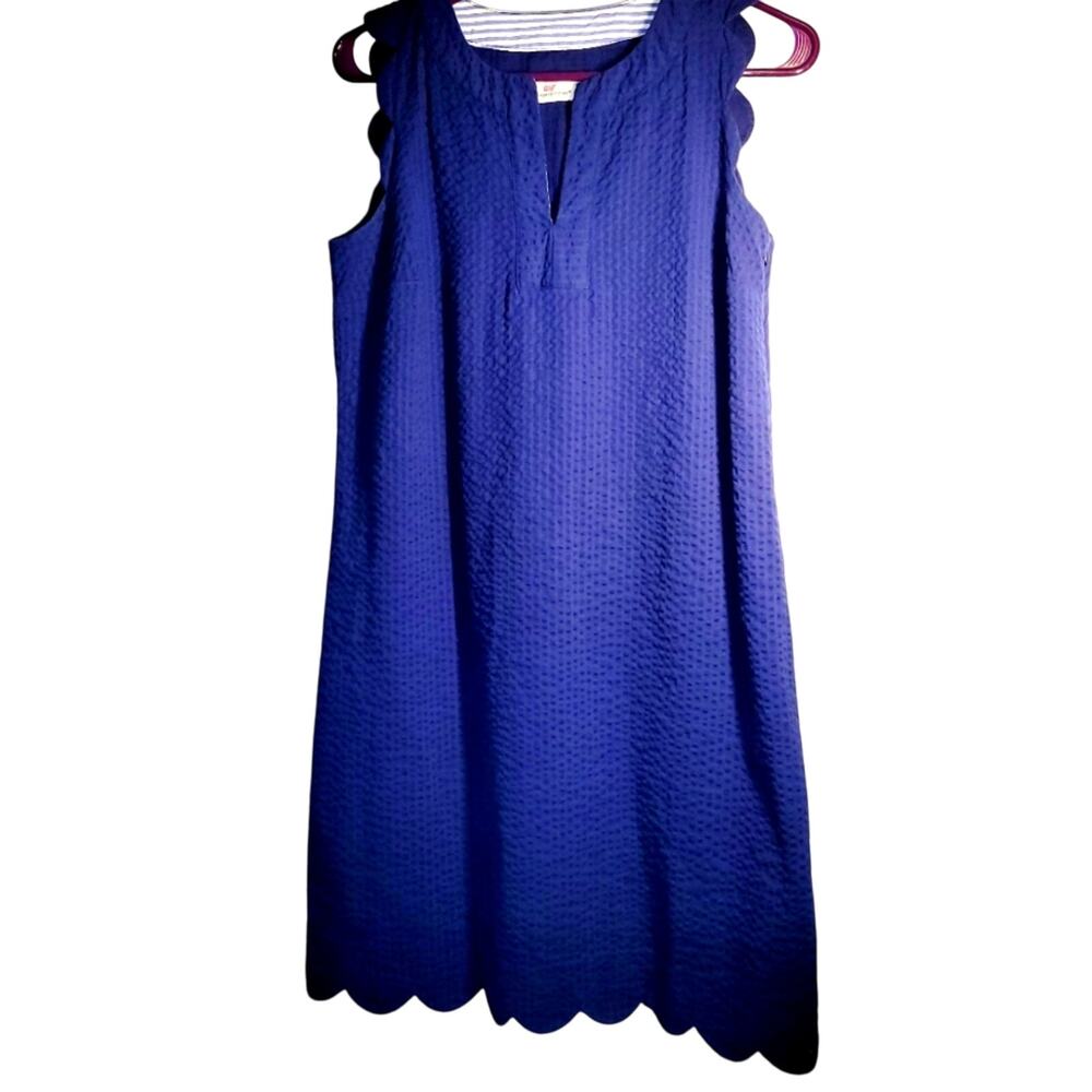 Vineyard Vines Womens Seersucker Scalloped Edge Sleeveless Blue Midi Dress 2